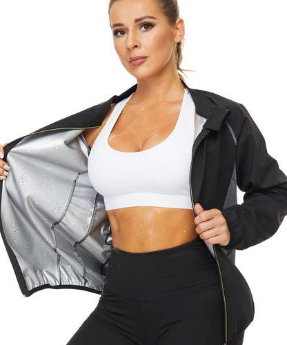 Sauna Suit for Women Sweat Jackets Workout Shirt Long Sleeve Slimming Tops Zipper Body Shaper Fitness Gym Exercise