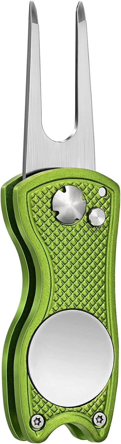 Premium All-Metal Foldable Golf Divot Repair Tool with Pop-Up Button and Magnetic Ball Marker, Available in 2-6 Packs