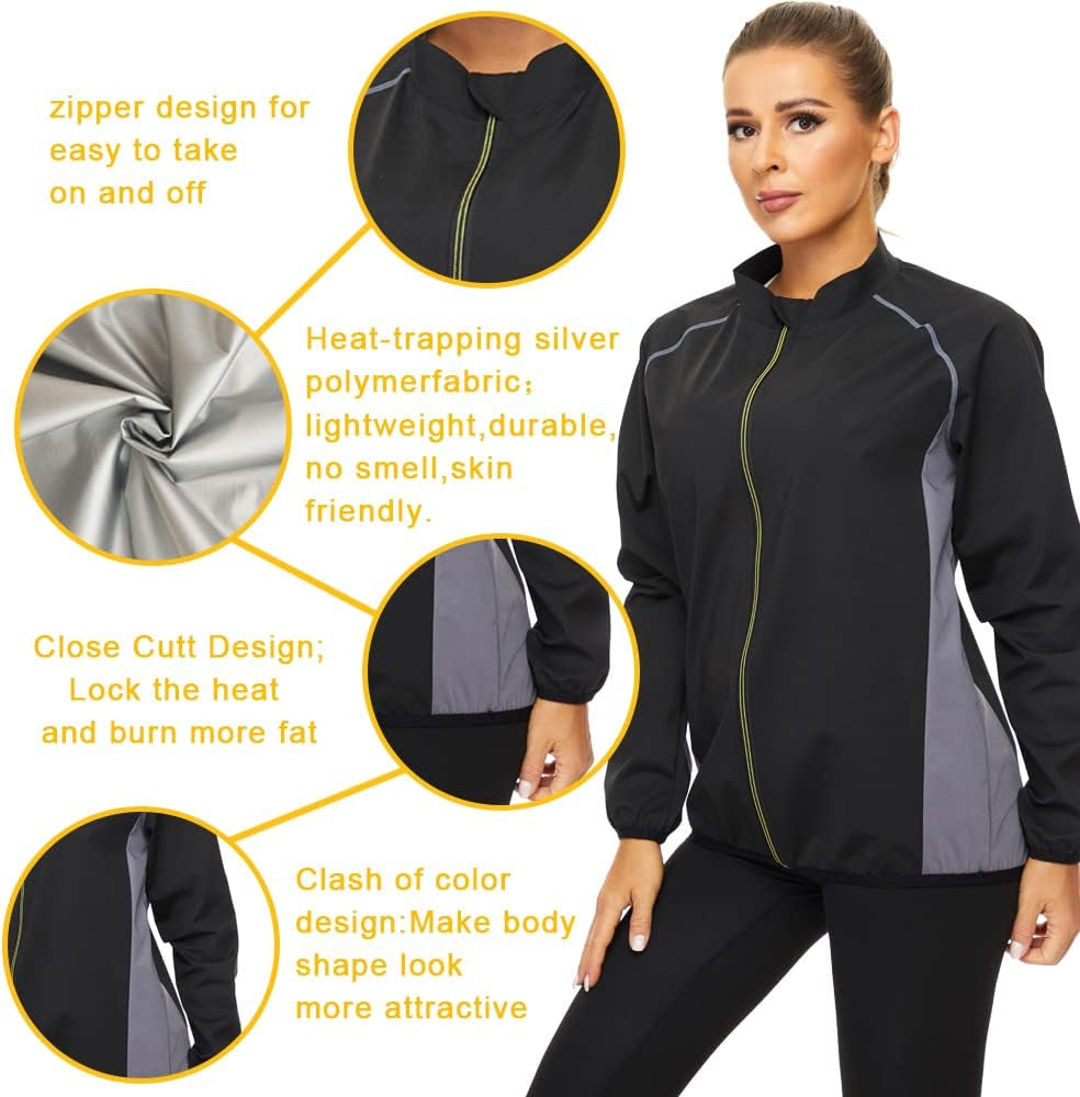 Sauna Suit for Women Sweat Jackets Workout Shirt Long Sleeve Slimming Tops Zipper Body Shaper Fitness Gym Exercise