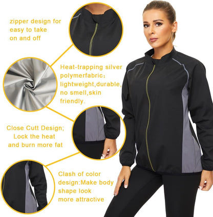 Sauna Suit for Women Sweat Jackets Workout Shirt Long Sleeve Slimming Tops Zipper Body Shaper Fitness Gym Exercise