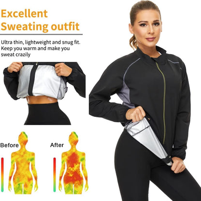 Sauna Suit for Women Sweat Jackets Workout Shirt Long Sleeve Slimming Tops Zipper Body Shaper Fitness Gym Exercise