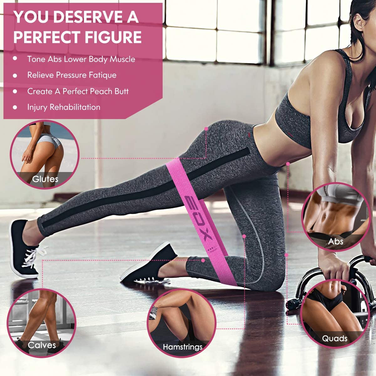 Premium Non-Slip Fabric Resistance Bands for Leg and Glute Training - 5 Levels of Resistance (Pink)