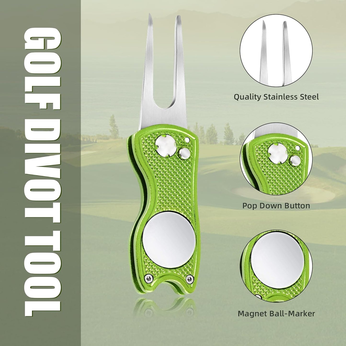 Premium All-Metal Foldable Golf Divot Repair Tool with Pop-Up Button and Magnetic Ball Marker, Available in 2-6 Packs