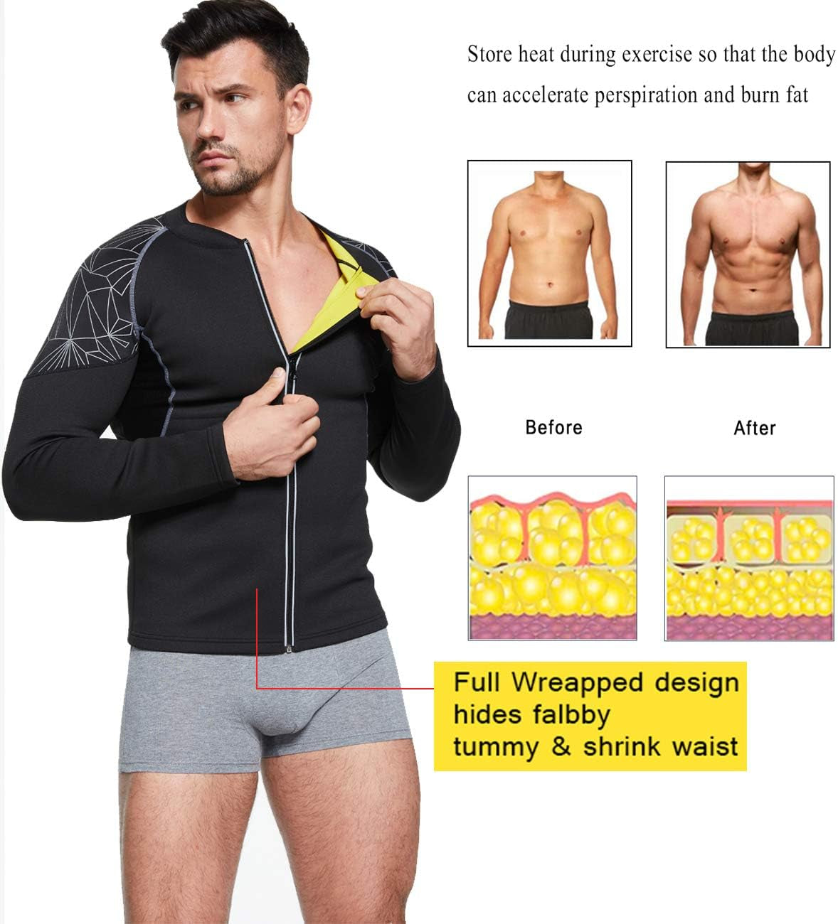 Sauna Suit for Men Sweat Jacket Long Sleeve Workout Sauna Shirts Zipper Neoprene Gym Slimming Top Body Shaper