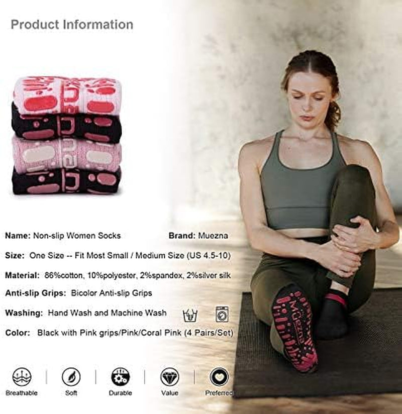 Women's Non-Slip Yoga Socks with Grips for Pilates, Barre, and Hospital Use, Sizes 5-10