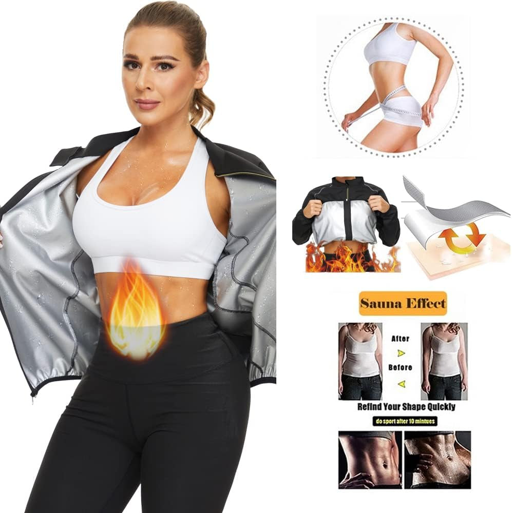 Sauna Suit for Women Sweat Jackets Workout Shirt Long Sleeve Slimming Tops Zipper Body Shaper Fitness Gym Exercise