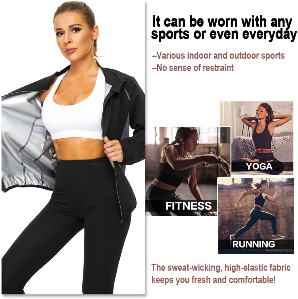 Sauna Suit for Women Sweat Jackets Workout Shirt Long Sleeve Slimming Tops Zipper Body Shaper Fitness Gym Exercise