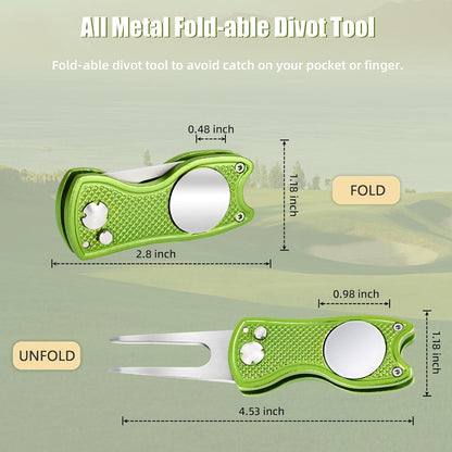 Premium All-Metal Foldable Golf Divot Repair Tool with Pop-Up Button and Magnetic Ball Marker, Available in 2-6 Packs