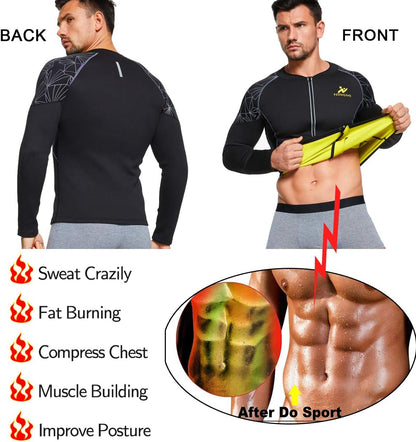 Sauna Suit for Men Sweat Jacket Long Sleeve Workout Sauna Shirts Zipper Neoprene Gym Slimming Top Body Shaper